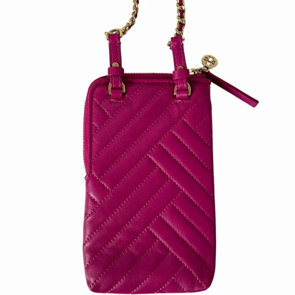 Tory Burch Alexa Phone Crossbody Fuchsia Pink Quilted Leather Bag